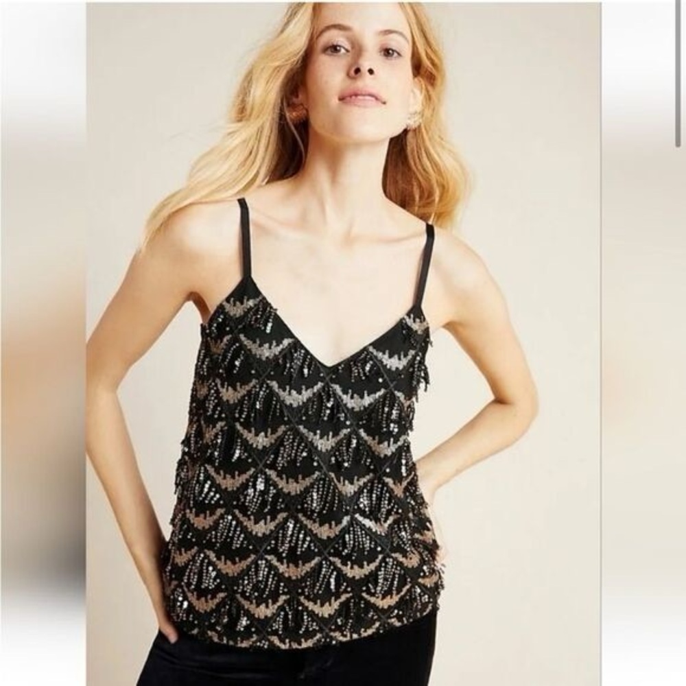 Anthropologie Porridge Black Gold
Sequined Fringe V-Neck Tank Top